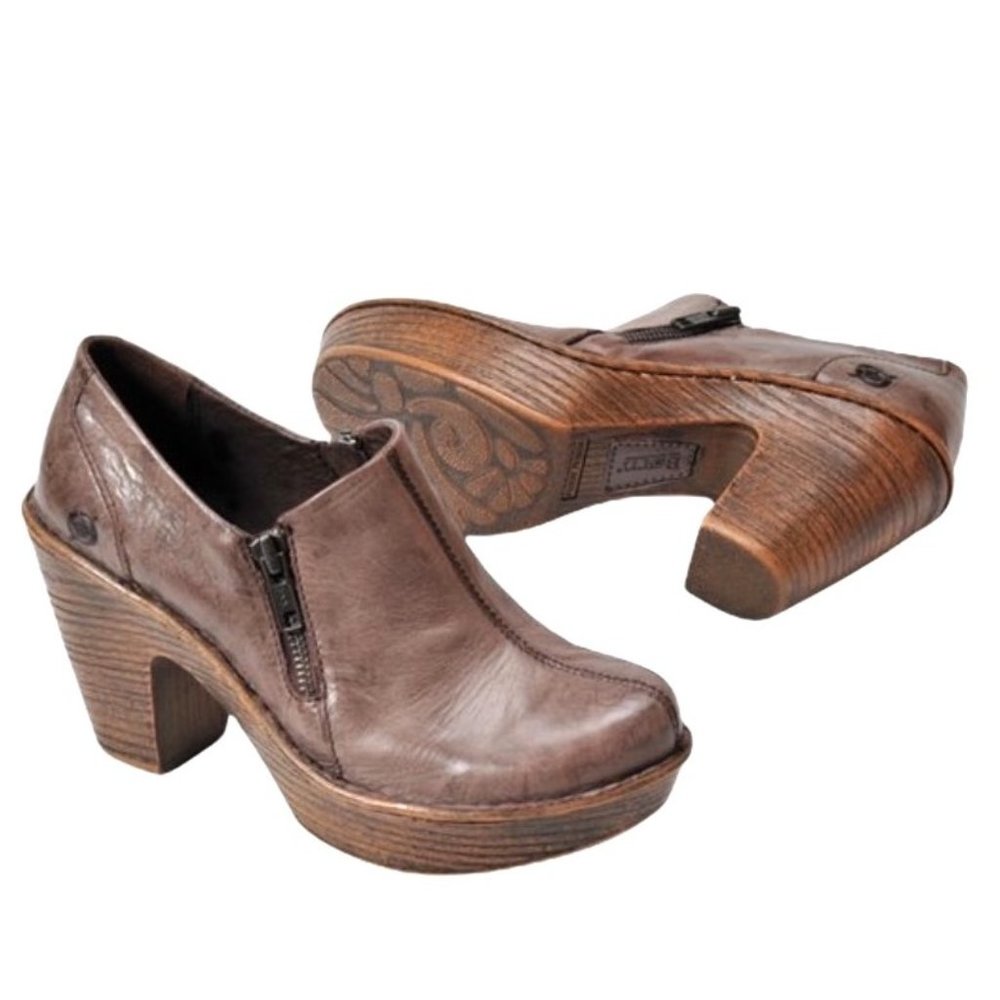 Born Famke Leather Clog Booties Side Zippers Platform w/ Block Heel Size 8.5 EUC